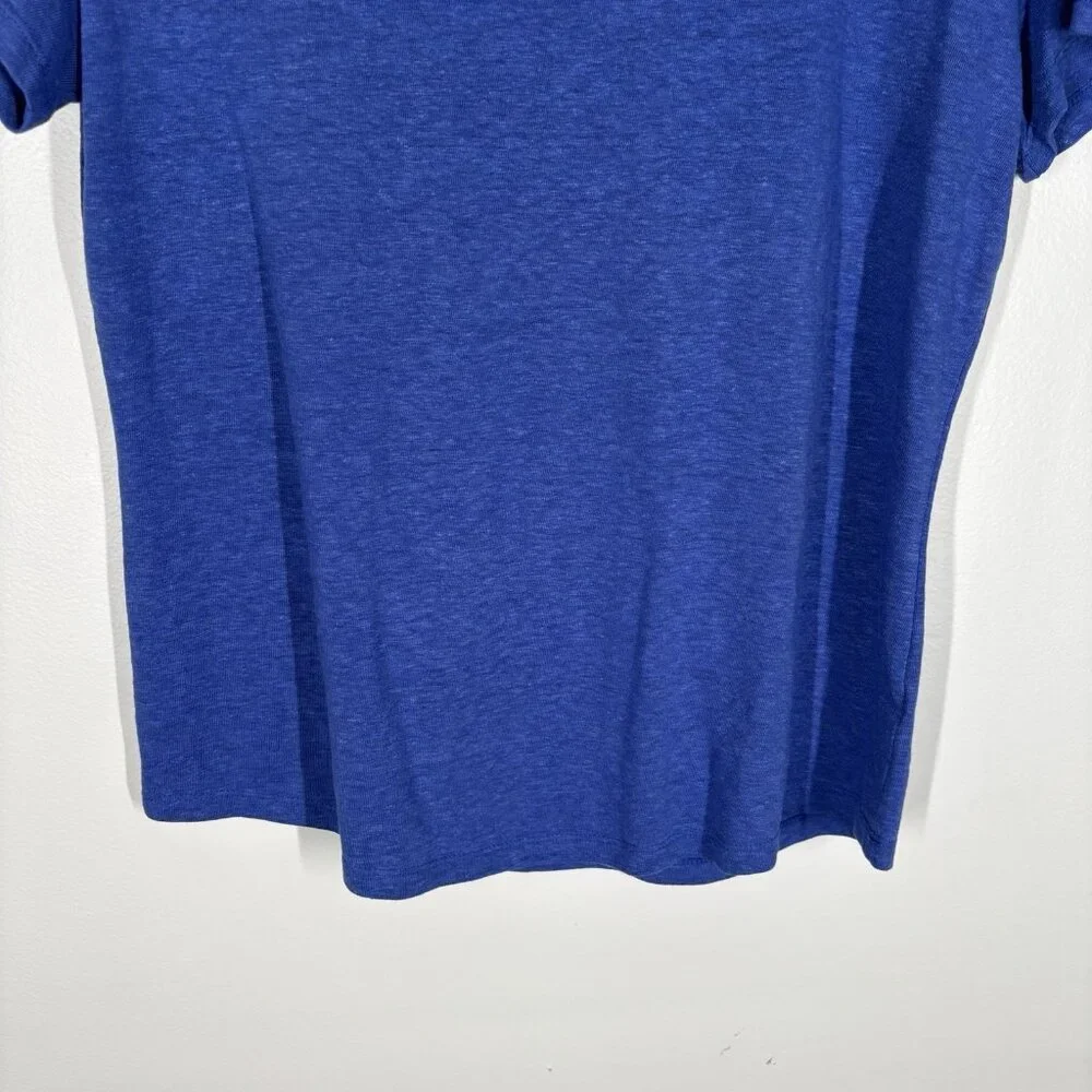 Talbots Petite MP Blue Button Shoulder Scoop Neck Short Sleeve Linen Blend Tee